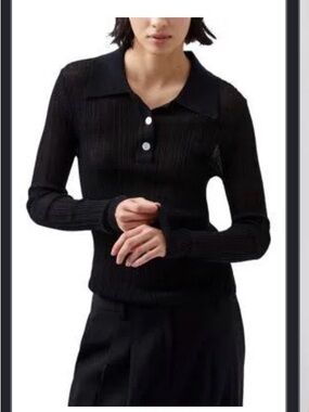 French Connection Black Ribbed Long-Sleeve Polo Top